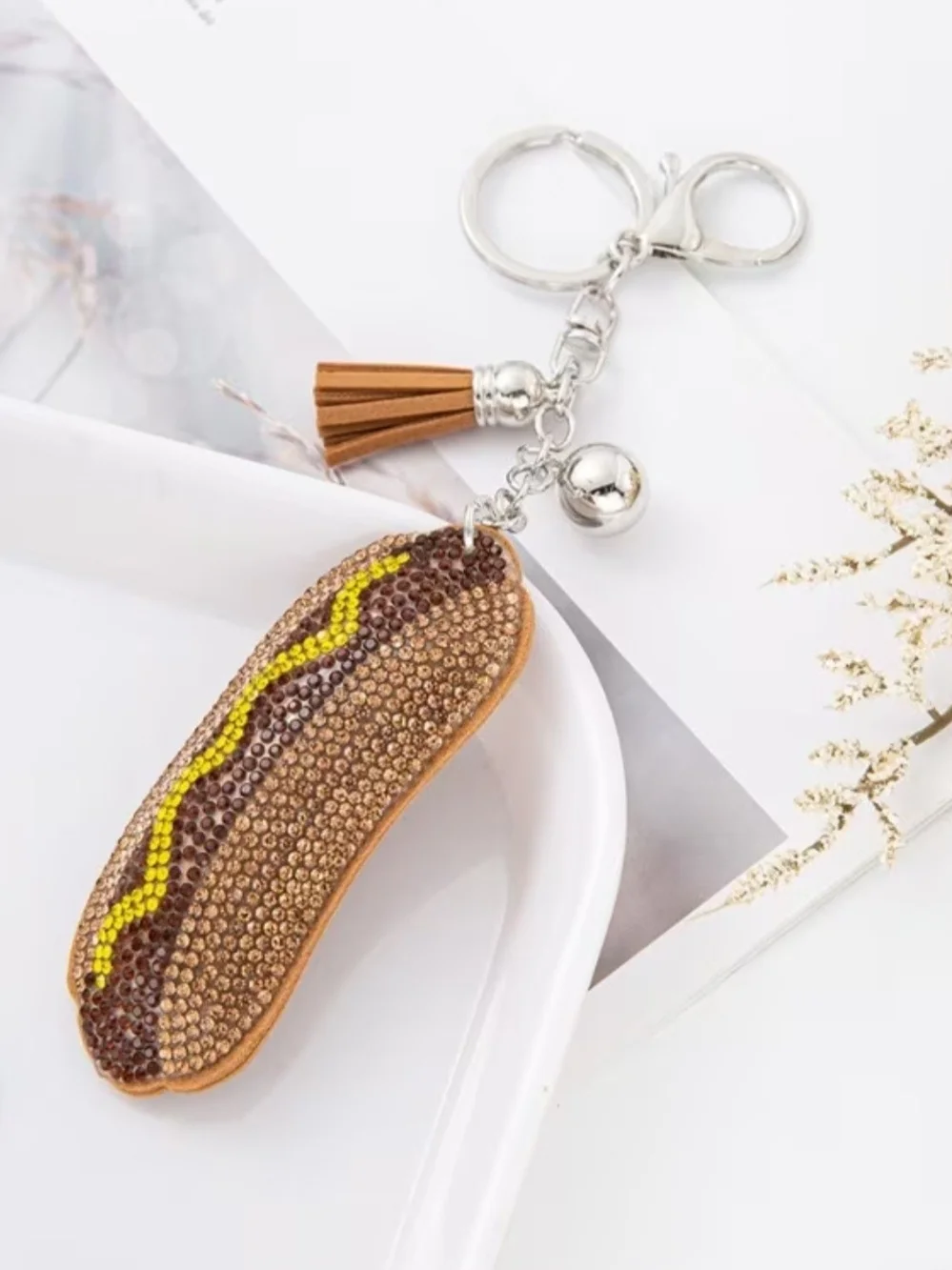 Crystal-Encrusted Hot Dog Keychain - Brown & Yellow